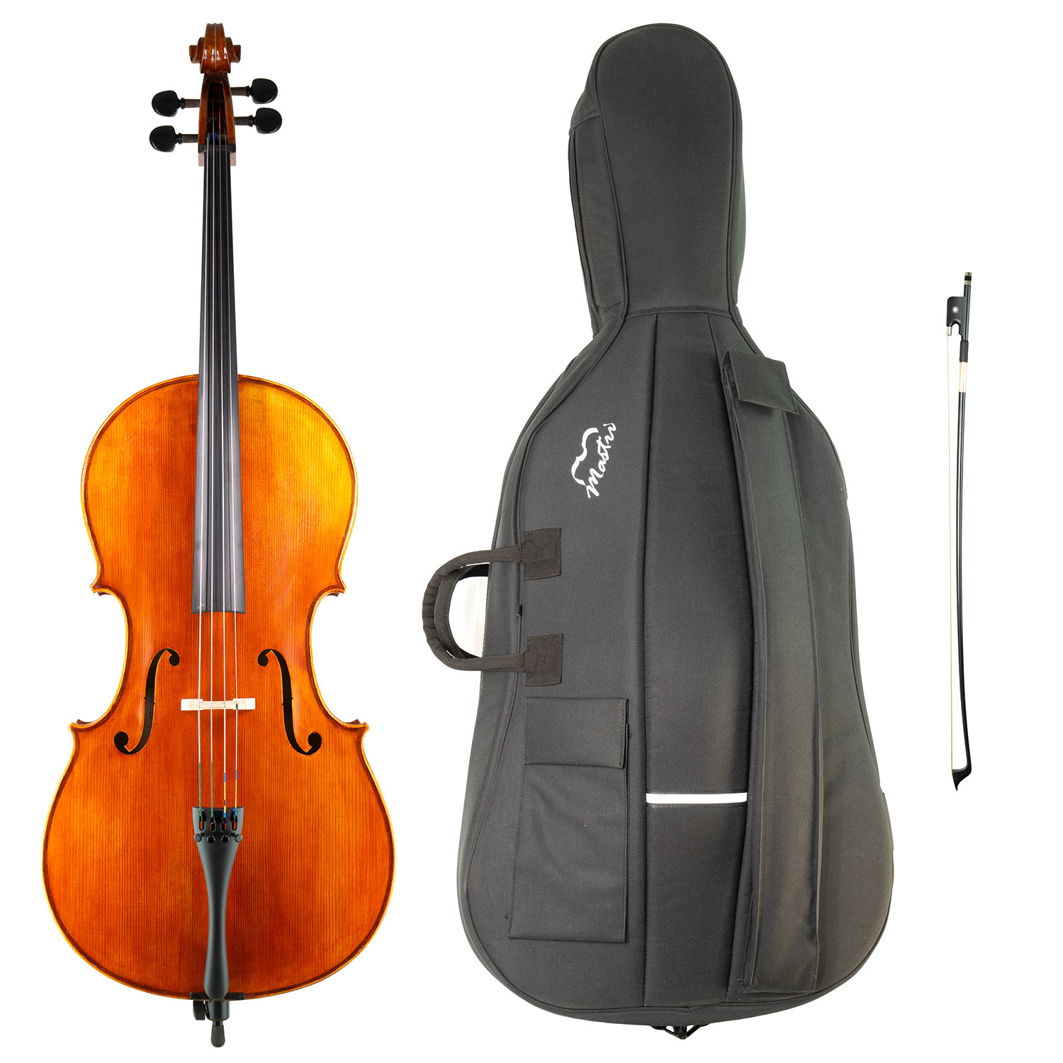 Cello Heinz Lehmann Set: Cello mit Fichtendecke lackiert orange-braunem Lack und umlaufenden Span. Saitenhalter mit 4 Feinstimmern aus mattem schwarzen Kunststoff. Dazu Mastri Cello Etui aus schwarzem Gewebe mit aufgesetzter Bogentasche und Mastri-Logo und Tragegriffen. Carbonbogen mit silberner Bewicklung.