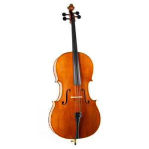 Cello Rudolf Mastri Vorderansicht: feinjährige Fichtendecke lackiert mit goldbraunem Lack und mit umlaufenden Span. Saitenhalter mit 4 Feinstimmern aus mattem schwarzen Kunststoff.