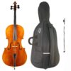 Cello Rudolf Mastri Set: elegantes Cello mit Fichtendecke lackiert in goldbraunem Lack und mit umlaufenden Span. Saitenhalter mit 4 Feinstimmern aus mattem schwarzen Kunststoff. Dazu Mastri Cello Etui aus schwarzem Gewebe mit aufgesetzter Bogentasche und Mastri-Logo und Tragegriffen und ein Carbonbogen.