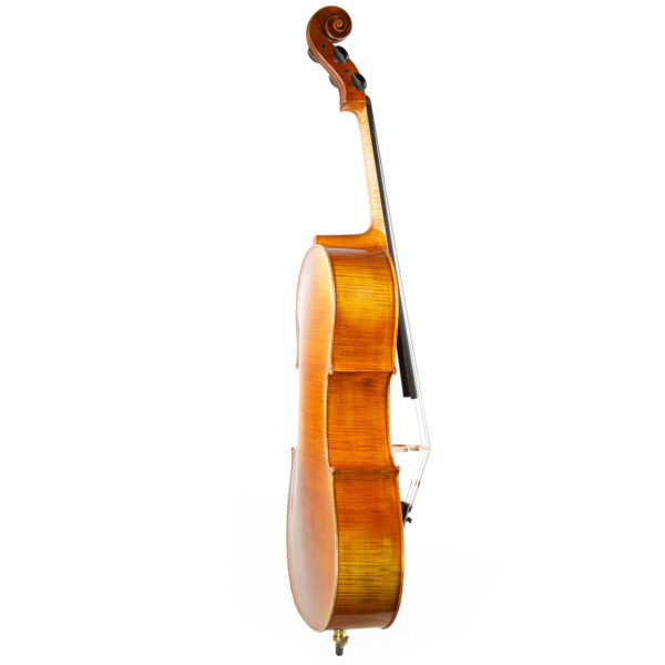 Cello Rudolf Mastri Premium Seitenansicht: fein geflammte Ahornzargen mit goldbraunem Lack, heller, geflammter Ahornhals und messingfarbene Cellobirne