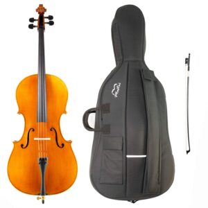 Cello Rudolf Mastri Premium Set: elegantes Cello mit feinjähriger Fichtendecke lackiert in goldbraunem Lack und mit umlaufenden Span. Saitenhalter mit 4 Feinstimmern aus mattem schwarzen Kunststoff. Dazu Mastri Cello Etui aus schwarzem Gewebe mit aufgesetzter Bogentasche und Mastri-Logo und Tragegriffen und ein Carbonbogen.