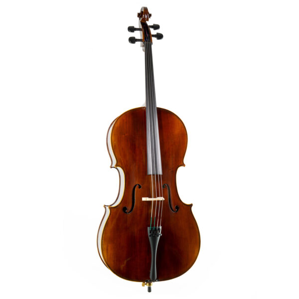 Cello Mastri Standard Vorderansicht: Fichtendecke lackiert mit dunkelbraunem Lack und mit umlaufenden Span. Saitenhalter mit 4 Feinstimmern aus mattem schwarzen Kunststoff.