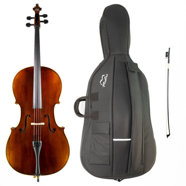 Cello Mastri Standard Set: Cello mit Fichtendecke, lackiert in dunkelbraunem Lack und mit umlaufenden Span. Saitenhalter mit 4 Feinstimmern aus mattem schwarzen Kunststoff. Dazu Mastri Cello Etui aus schwarzem Gewebe mit aufgesetzter Bogentasche und Mastri-Logo und Tragegriffen und ein Carbonbogen.