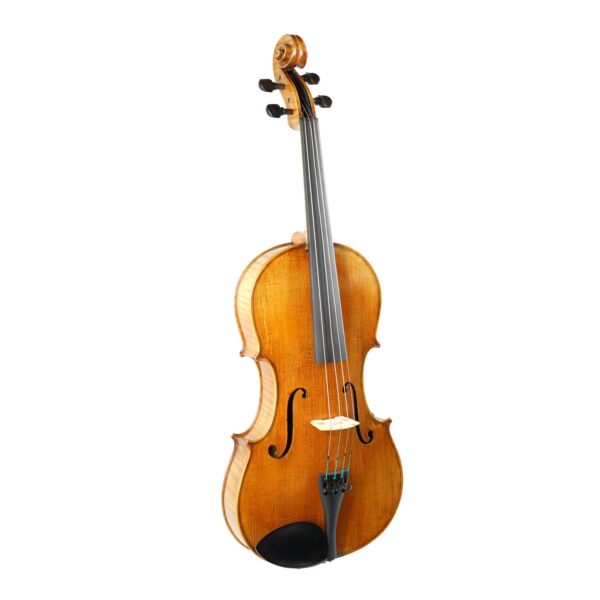 Viola Rudolf Mastri Premium Vorderansicht: feinste Fichtendecke mit honigbraunem Lack, Guarneri-Kinnhalter aus Ebenholz sowie Ebenholzgriffbrett, -wirbeln und Saitenhalter mit 4 Feinstimmern aus schwarzem Kunststoff.